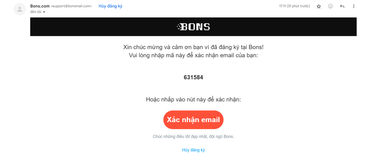 Lấy đoạn mã xác nhận được Bons gửi tới bạn từ Email